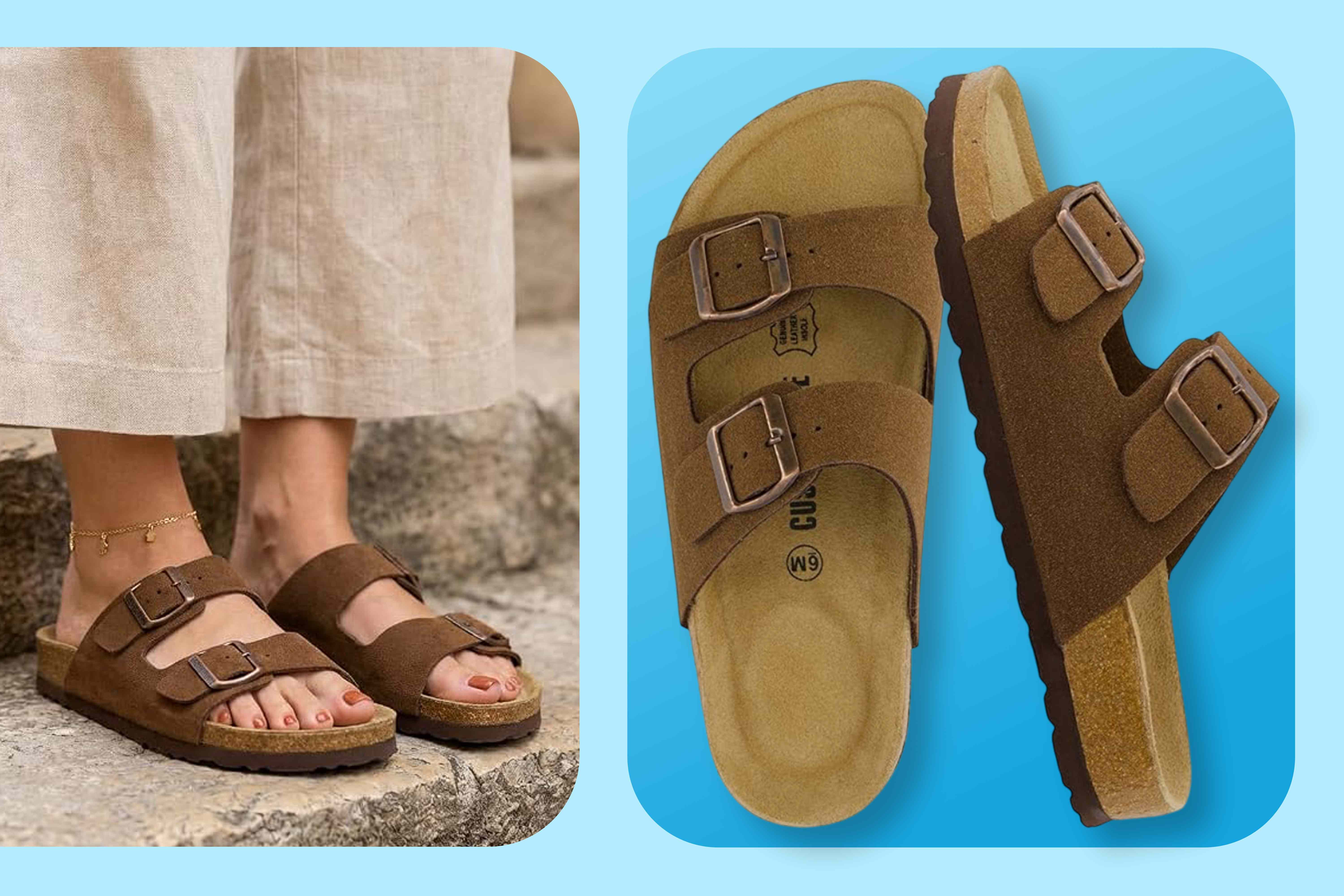 Sidebyside images of brown doublestrap sandals worn and shown closeup Credit: Amazon(2)
