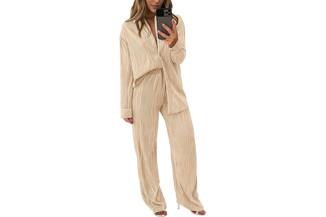 PRETTYGARDEN Women's 2 Piece Textured Sets Casual Button Down Shirt Wide Leg Pants Credit: Amazon