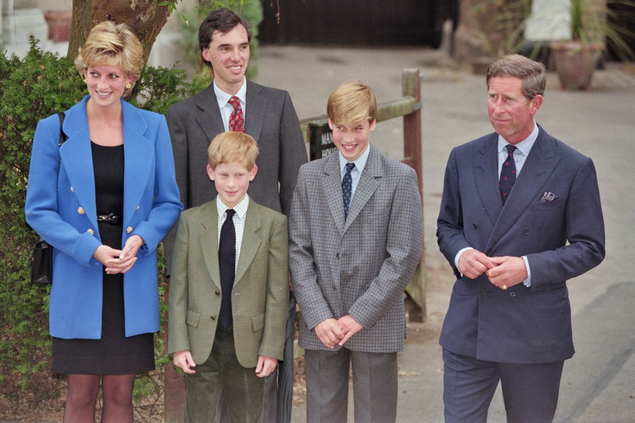 British Royal Diana, Princess of Wales (1961-1997), wearing a blue jacket over a black dress, with Eton housemaster Dr Andrew Gailey, Prince Harry, Prince William, and Prince Charles outside Manor House on Prince William's first day at Eton College in Eton, Berkshire, England Princess Diana, Prince Harry, Prince William and Prince Charles at Eton in September 1995Credit: Princess Diana Archive/Hulton Archive/Getty
