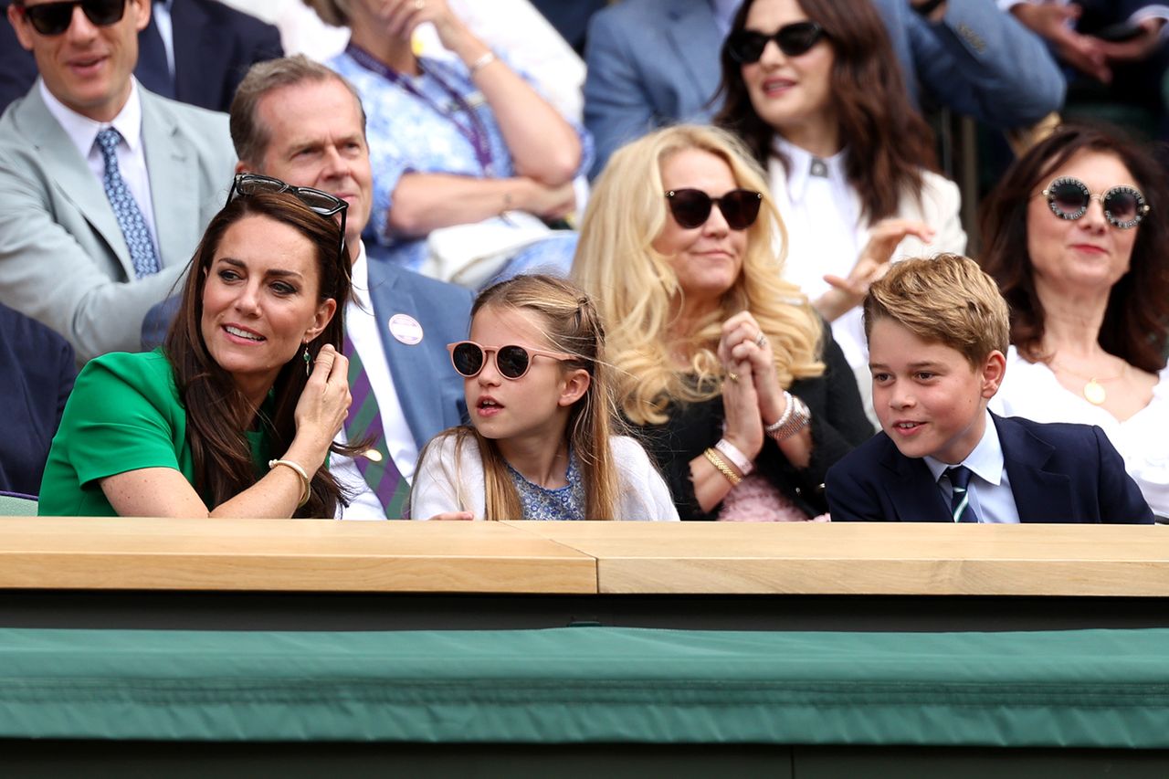 Catherine, Princess of Wales, Princess Charlotte of Wales and Prince George of Wales are seen in the Royal Box during the Men's Singles Final between Novak Djokovic of Serbia and Carlos Alcaraz of Spain on day fourteen of The Championships Wimbledon 2023 at All England Lawn Tennis and Croquet Club on July 16, 2023 in London, England. Kate Middleton, Princess Charlotte and Prince George in 2023Credit: Julian Finney/Getty