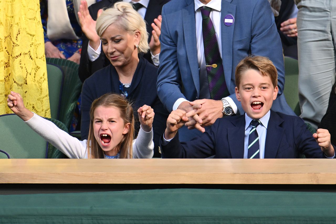 Princess Charlotte of Wales and Prince George of Wales celebrate during Carlos Alcaraz vs Novak Djokovic in the Wimbledon 2023 men's final on Centre Court during day fourteen of the Wimbledon Tennis Championships at the All England Lawn Tennis and Croquet Club on July 16, 2023 in London, England. Princess Charlotte and Prince George in 2023Credit: Karwai Tang/WireImage