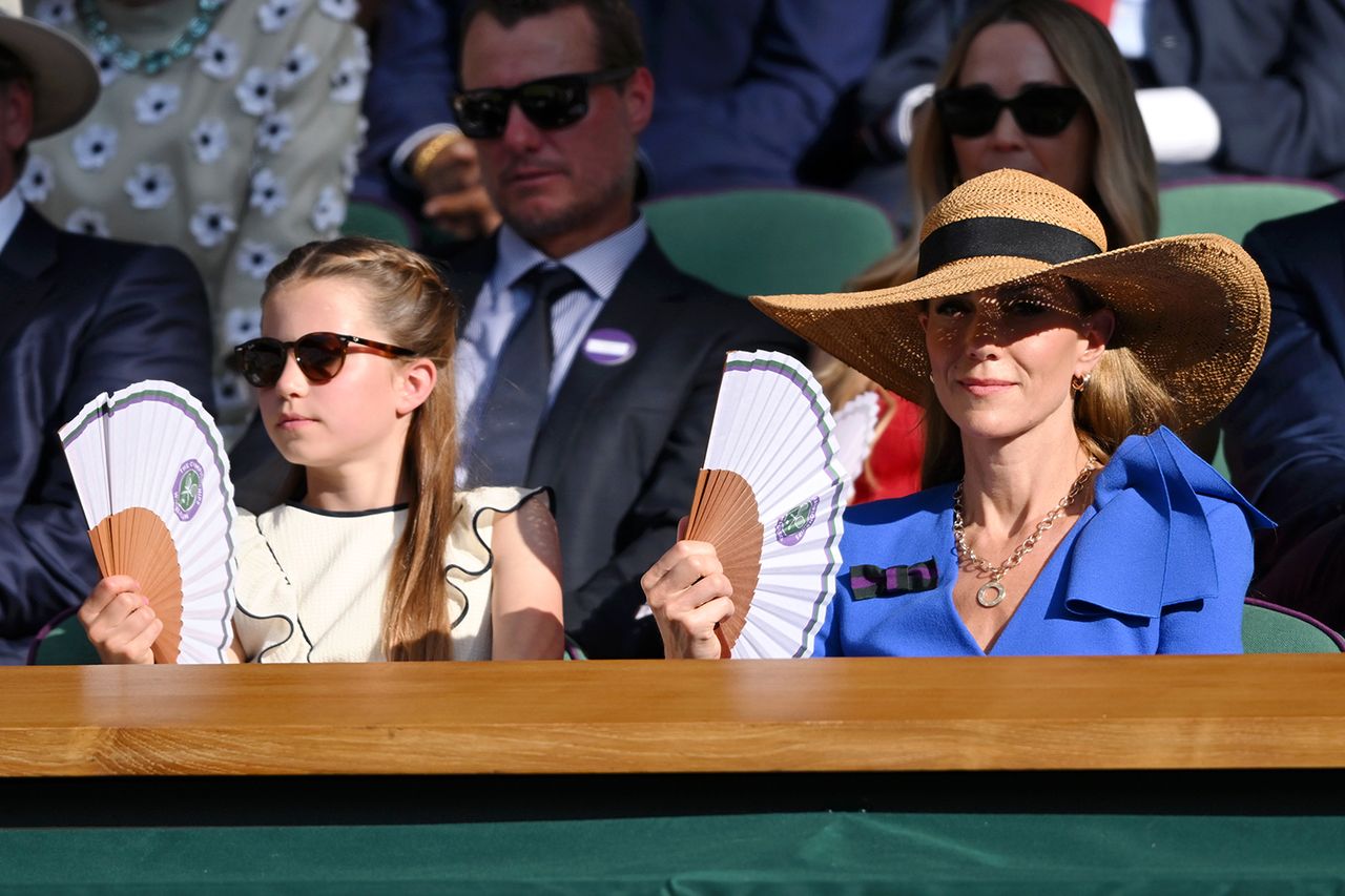 Princess Charlotte of Wales and Catherine, Princess of Wales attend day fourteen of the Wimbledon Tennis Championships at the All England Lawn Tennis and Croquet Club at All England Lawn Tennis and Croquet Club on July 13, 2025 in London, England. Princess Charlotte and Kate MiddletonCredit: Karwai Tang/WireImage