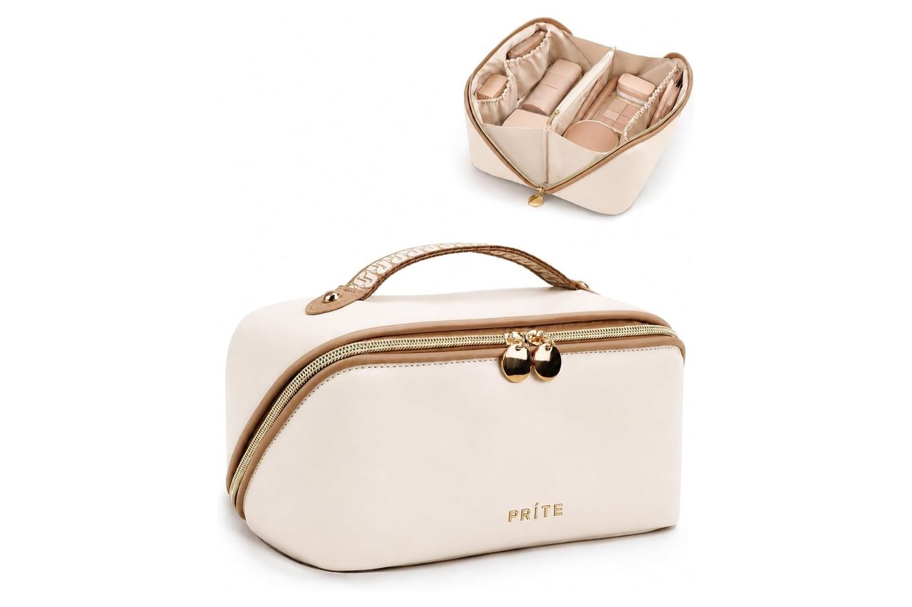 Prite Makeup Bag for Women Travel Waterproof Vegan Leather Cosmetic Bag Open Flat Toiletry Bag With Clear Divider and Handle (Beige, Medium) Credit: Amazon