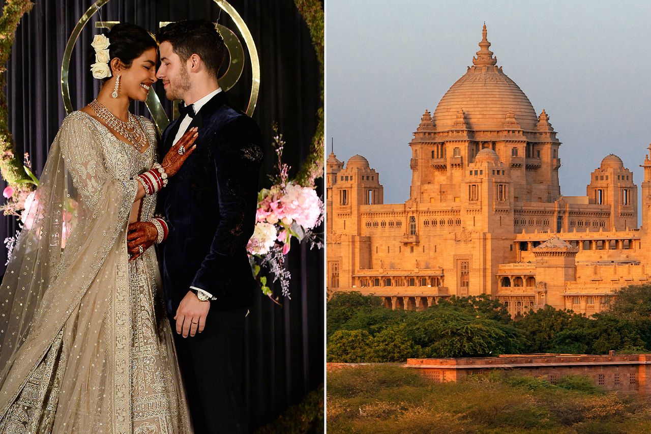 Priyanka Chopra and Nick Jonas during their wedding celebrations on December 4, 2018 in New Delhi; The Umaid Bhawan Palace.Credit: SAJJAD HUSSAIN/AFP via Getty; Sergi Reboredo/VW Pics/Universal Images Group via Getty