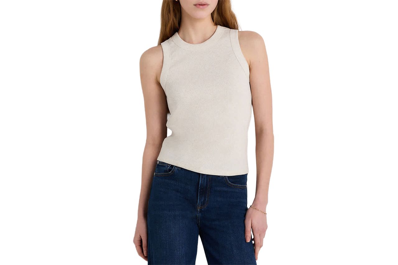 Organic Cotton Micro-Rib Cropped Cutaway Tank Heather Oatmeal Credit: Quince