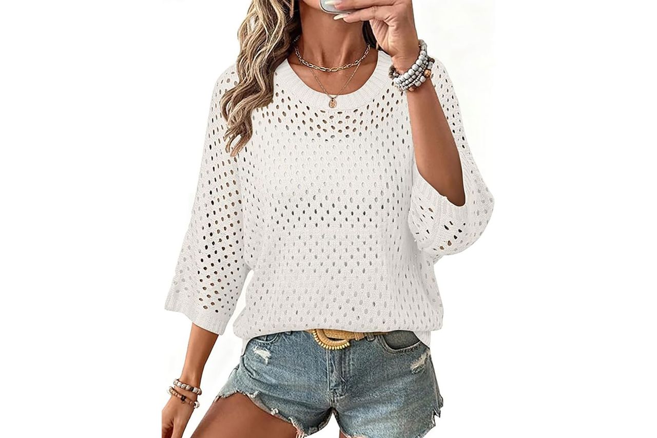 SHEWIN Womens Sweaters Crew Neck 3/4 Length Sleeve Crochet Tops Knit Beach Cover Ups Spring Outfits for Women Credit: Amazon