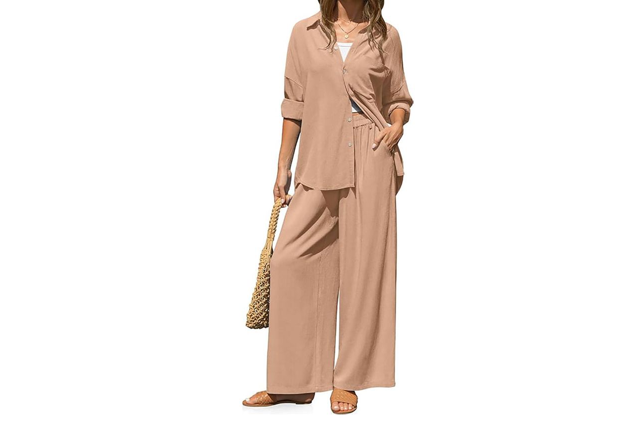 TARSE Women's Linen 2 Piece Outfits Casual Lounge Sets Long Sleeve Button Down Shirts Wide Leg Pants Vacation Set Credit: Amazon