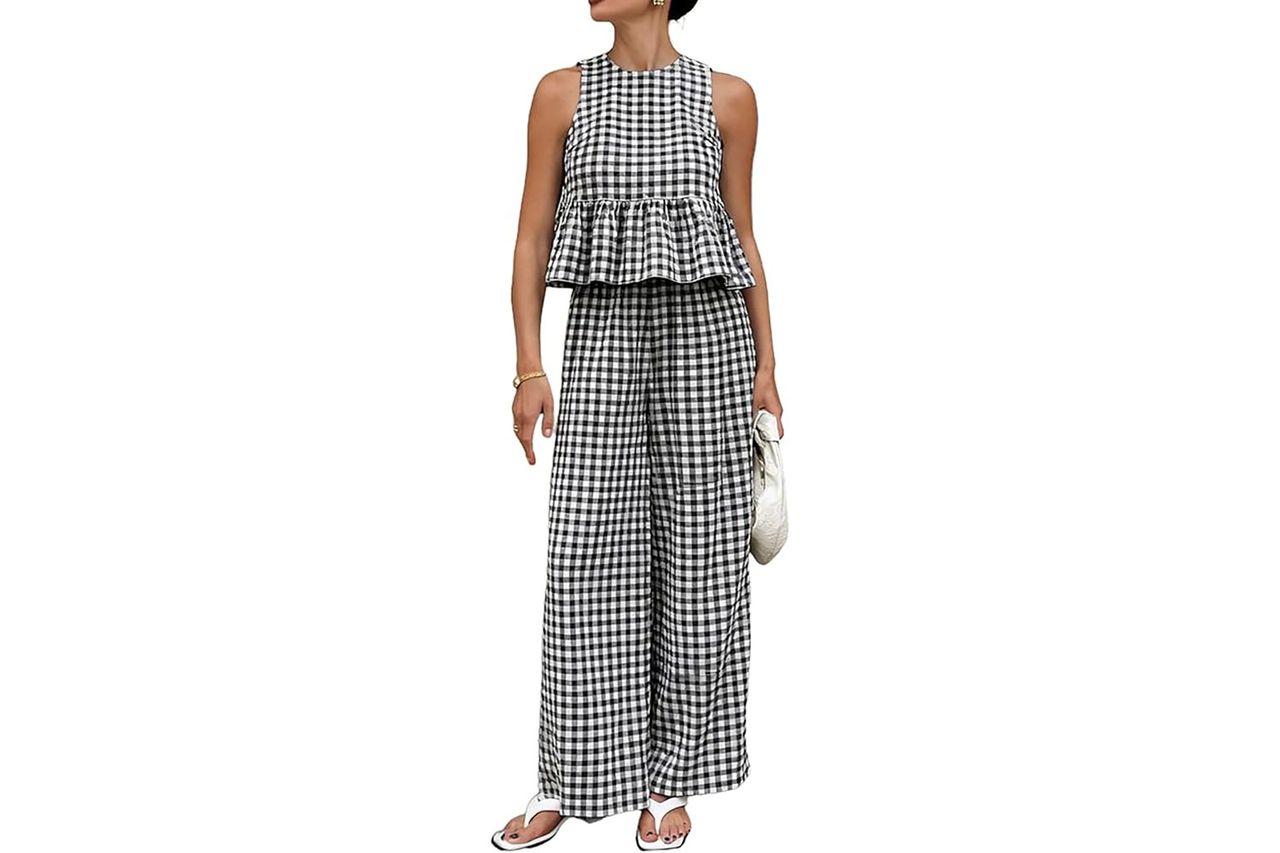 Womens 2 Piece Outfits Sets Gingham Plaid Sleeveless Ruffle Tank Tops and Wide Leg Pants Summer Matching Lounge Sets Credit: Amazon