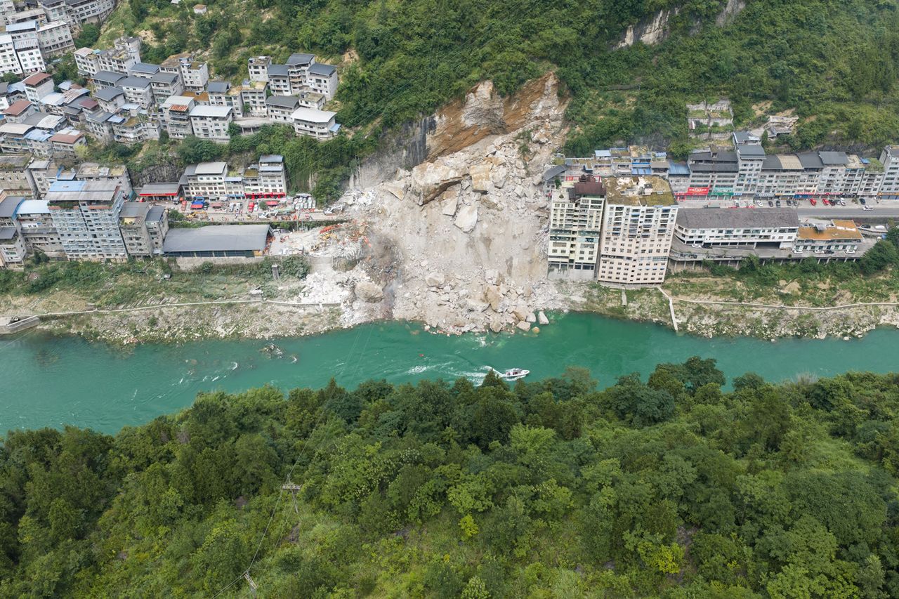 Aerial view of the site of a rainfall-induced landslide along a section of the Wujiang River on July 17, 2026 in Pengshui, Chongqing Municipality of China Aerial view of the site of a rainfall-induced landslide in Chongqing, China.Credit: He Penglei/China News Service/VCG via Getty