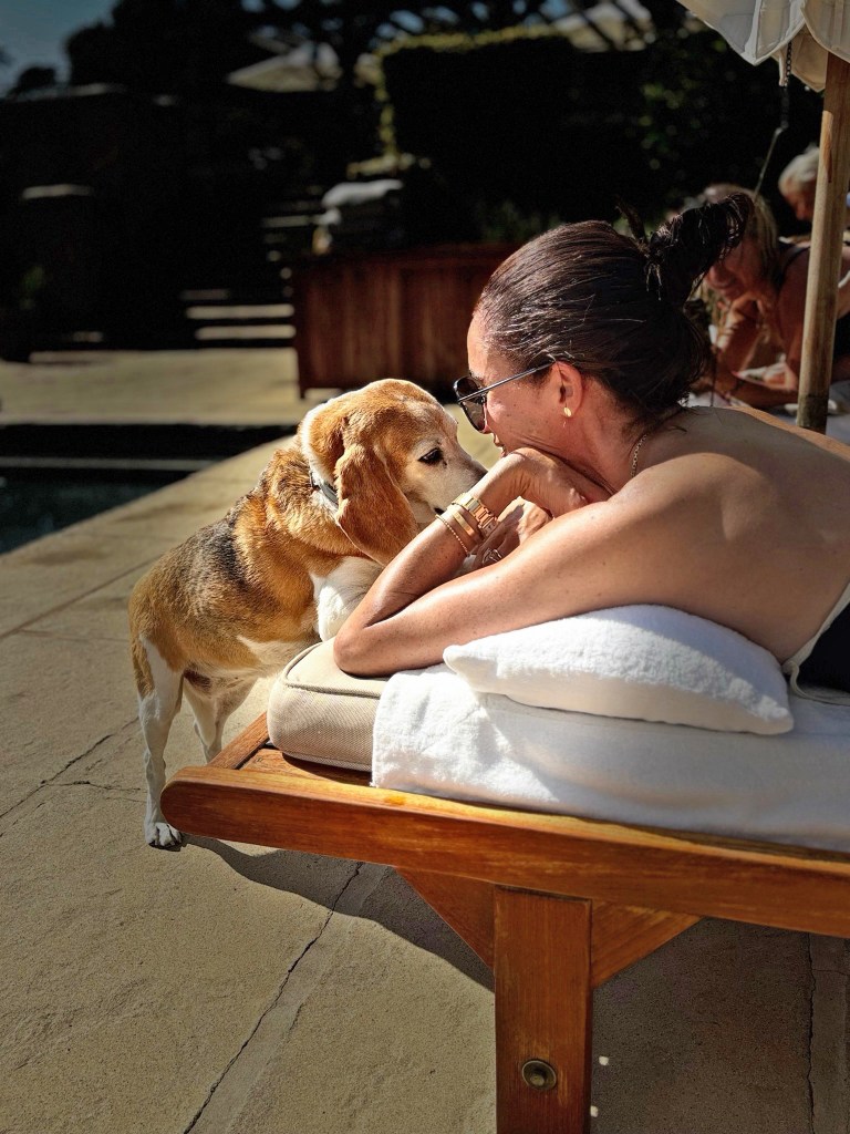 A woman wearing sunglasses leans on a lounge chair, head-to-head with a beagle, by a pool.