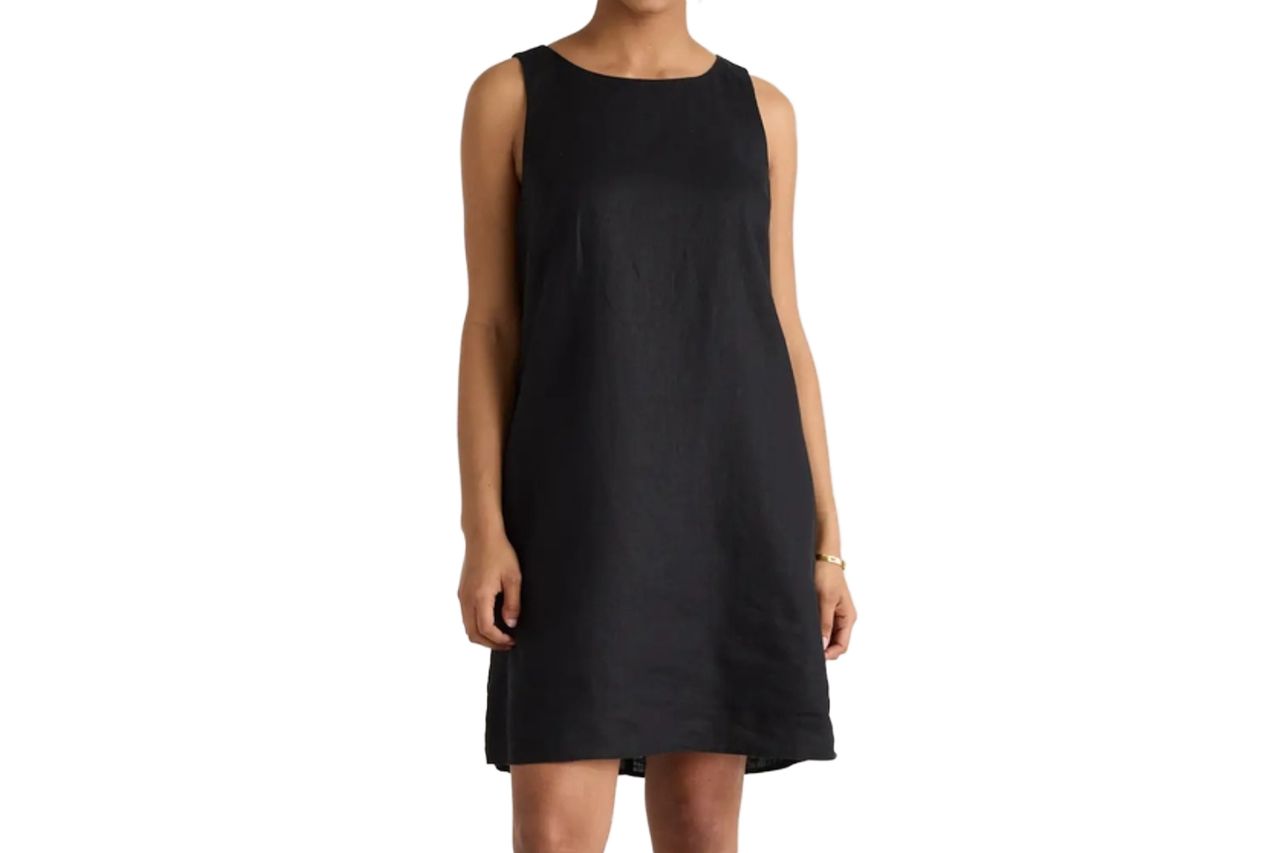100% European Linen Tank Mini Dress in Black Credit: Quince