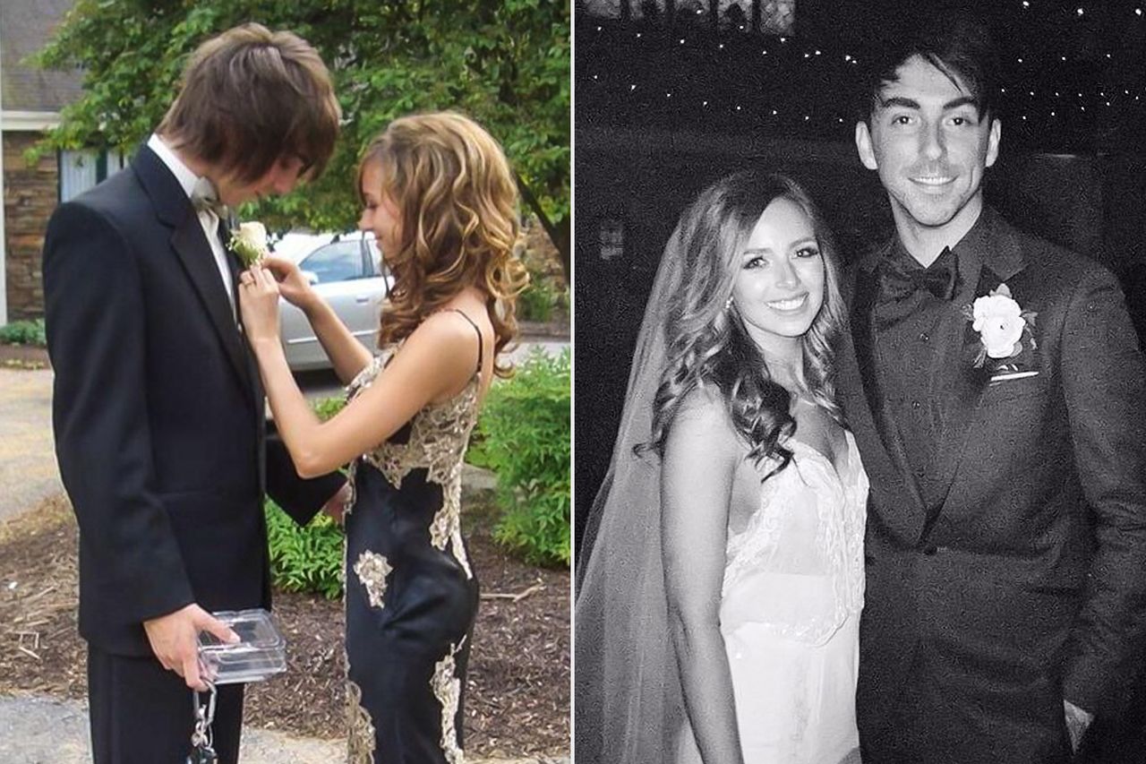 From left: Alex Gaskarth and Lisa Gaskarth (née Ruocco) in a throwback photo from their 2006 senior prom shared on Instagram on April 9, 2015; Alex Gaskarth and Lisa Gaskarth pose for a photo on their wedding day in Baltimore on April 9, 2016Credit: Lisa Gaskarth/ Instagram; Alex Gaskarth/ Instagram