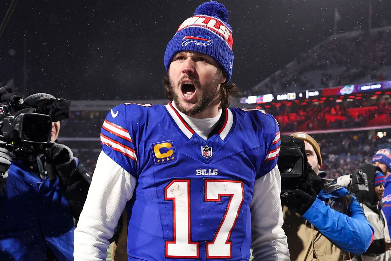 Josh Allen #17 of the Buffalo Bills Josh Allen #17 of the Buffalo Bills celebrates after a victory in the AFC Divisional Playoff against the Baltimore Ravens at Highmark Stadium on Jan. 19, 2025.Credit: Kathryn Riley/Getty