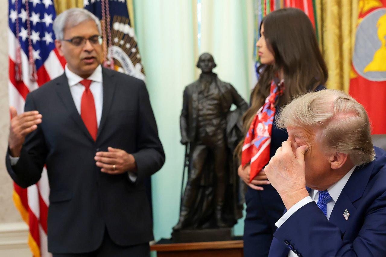 National Institutes of Health Director Jay Bhattacharya speaking at an executive order ceremony about vaccines on Aug. 10Credit: Anna Moneymaker/Getty