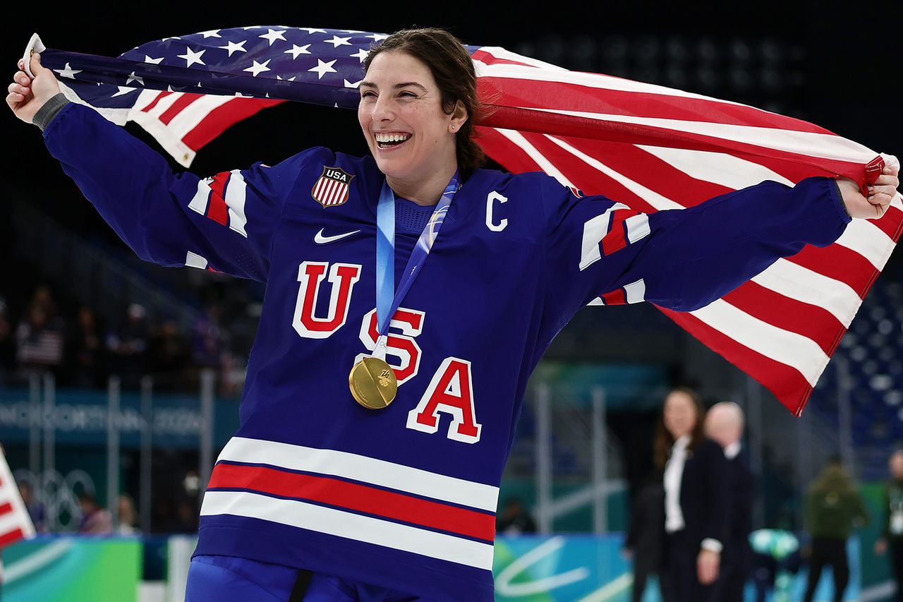 Hilary Knight #21 of Team United States celebrates after the medal ceremony for Women's Ice Hockey after the Women's Gold Medal match between the United States and Canada on day 13 of the Milano Cortina 2026 Winter Olympic games at Milano Santagiulia Ice Hockey Arena on February 19, 2026 in Milan, Italy. Hilary Knight during the 2026 Winter Olympics.Credit: Andreas Rentz/Getty