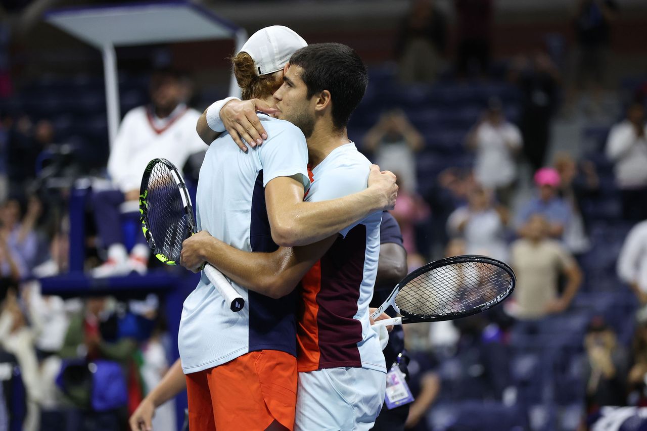Carlos Alcaraz of Spain, right, celebrates match point against Jannik Sinner of Italy during their Menâs Singles Quarterfinal match on Day Ten of the 2022 US Open at USTA Billie Jean King National Tennis Center on September 07, 2022 Carlos Alcaraz and Jannik Sinner during the 2022 US Open.Credit: Matthew Stockman/Getty