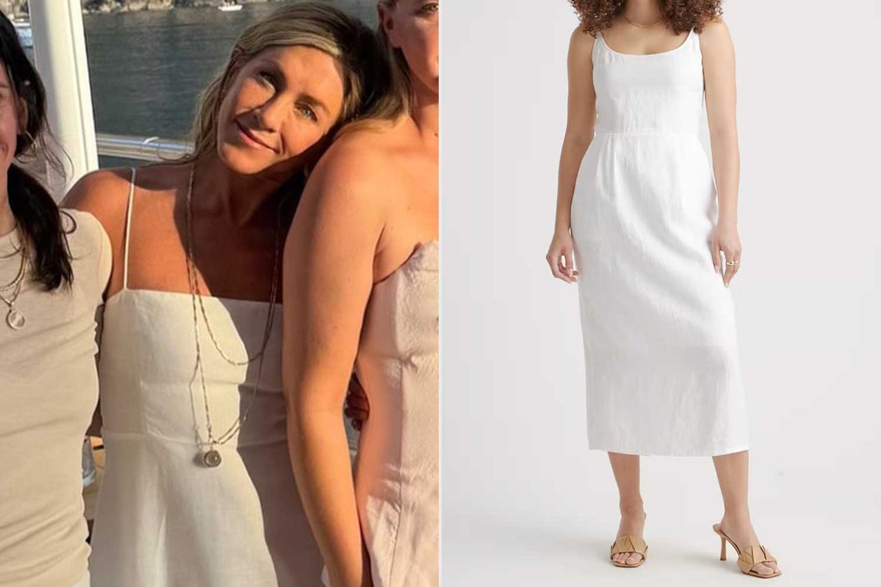 Jen Aniston; 100% European Linen Scoop Neck Midi Dress Credit: Amy Schumer/Instagram; Quince