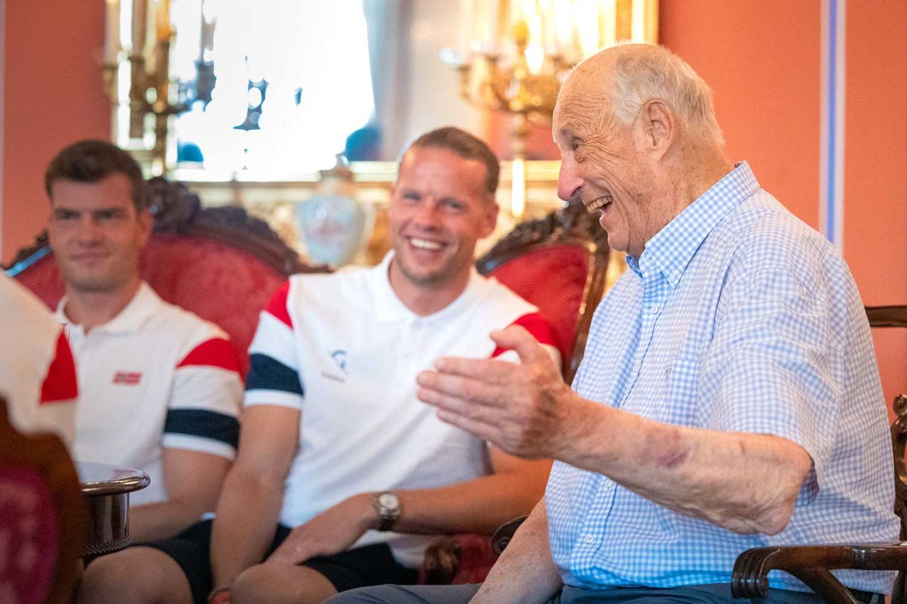 King Harald speaks with members of Norway’s national soccer team, including goalkeeper Orjan Nyland, during a reception with the royal family at the palace in Oslo on July 13, 2026Credit: Amanda Pedersen Giske / NTB / AFP via Getty