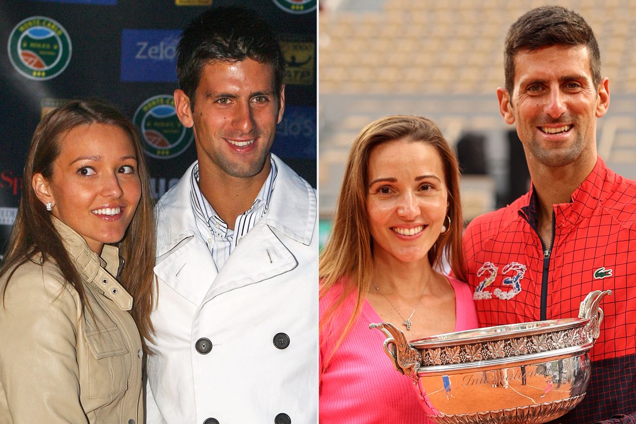 From left: Jelena Djokovic (née Ristic) and Novak Djokovic attend the ATP Masters Series launch party at the Grimaldi Forum in Monte Carlo, Monaco, on April 11, 2009; Jelena Djokovic and Novak Djokovic pose for a photograph with the winner’s trophy after the Men’s Singles Final match on day 15 of the French Open at Roland Garros in Paris on June 11, 2023Credit: Michael Steele/Getty; Clive Brunskill/Getty
