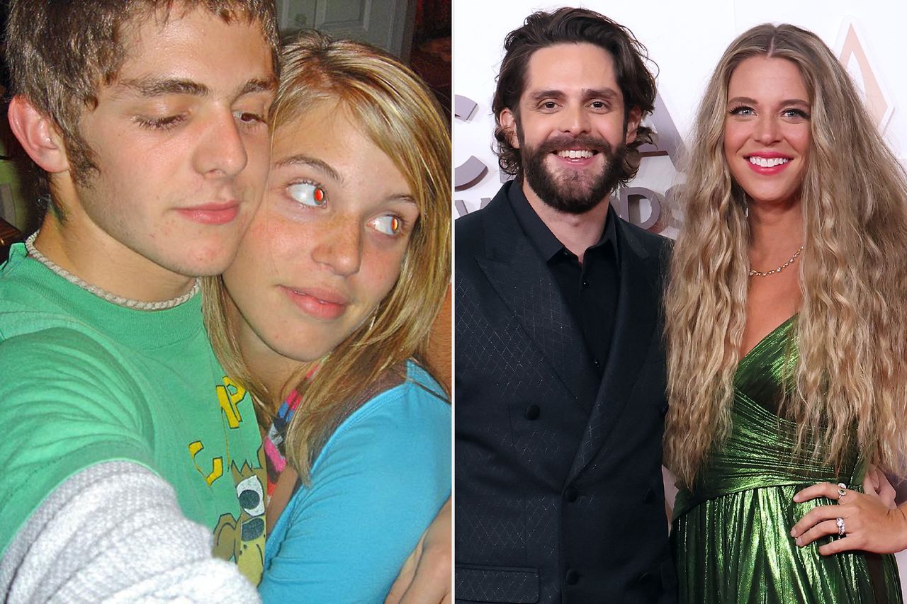 From left: Thomas Rhett and Lauren Akins as 10th-grade students in a throwback photo shared on Instagram on Jan. 7, 2016; Thomas Rhett and Lauren Akins attend the 56th CMA Awards at Bridgestone Arena in Nashville on Nov. 9, 2022Credit: Thomas Rhett/ Instagram; Taylor Hill/FilmMagic