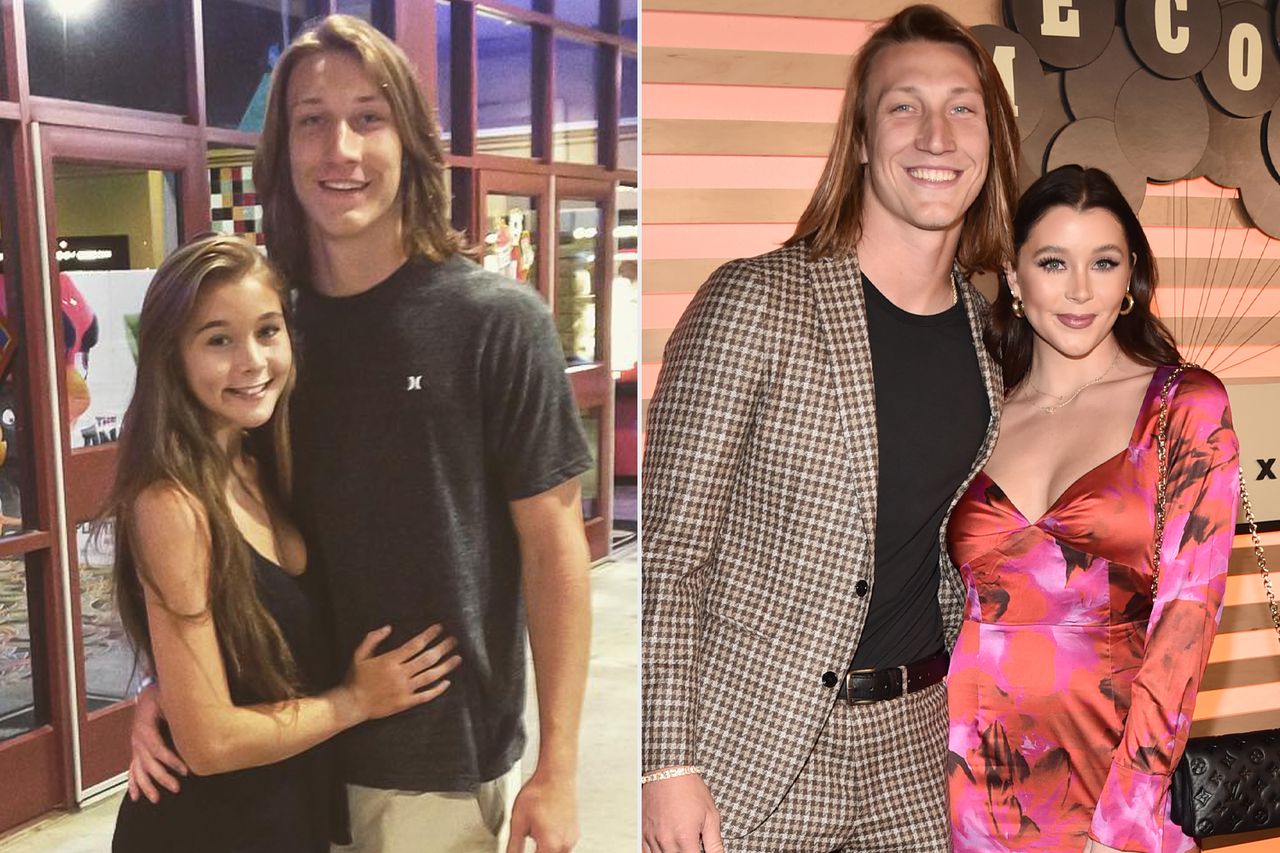 From left: Marissa Lawrence (née Mowry) and Trevor Lawrence in a photo shared on Instagram on April 30, 2016; Trevor Lawrence and Marissa Lawrence attend ‘Homecoming Weekend’ at the Pacific Design Center in L.A. on Feb. 11, 2022Credit: Marissa Lawrence/ Instagram; Alberto E. Rodriguez/Getty