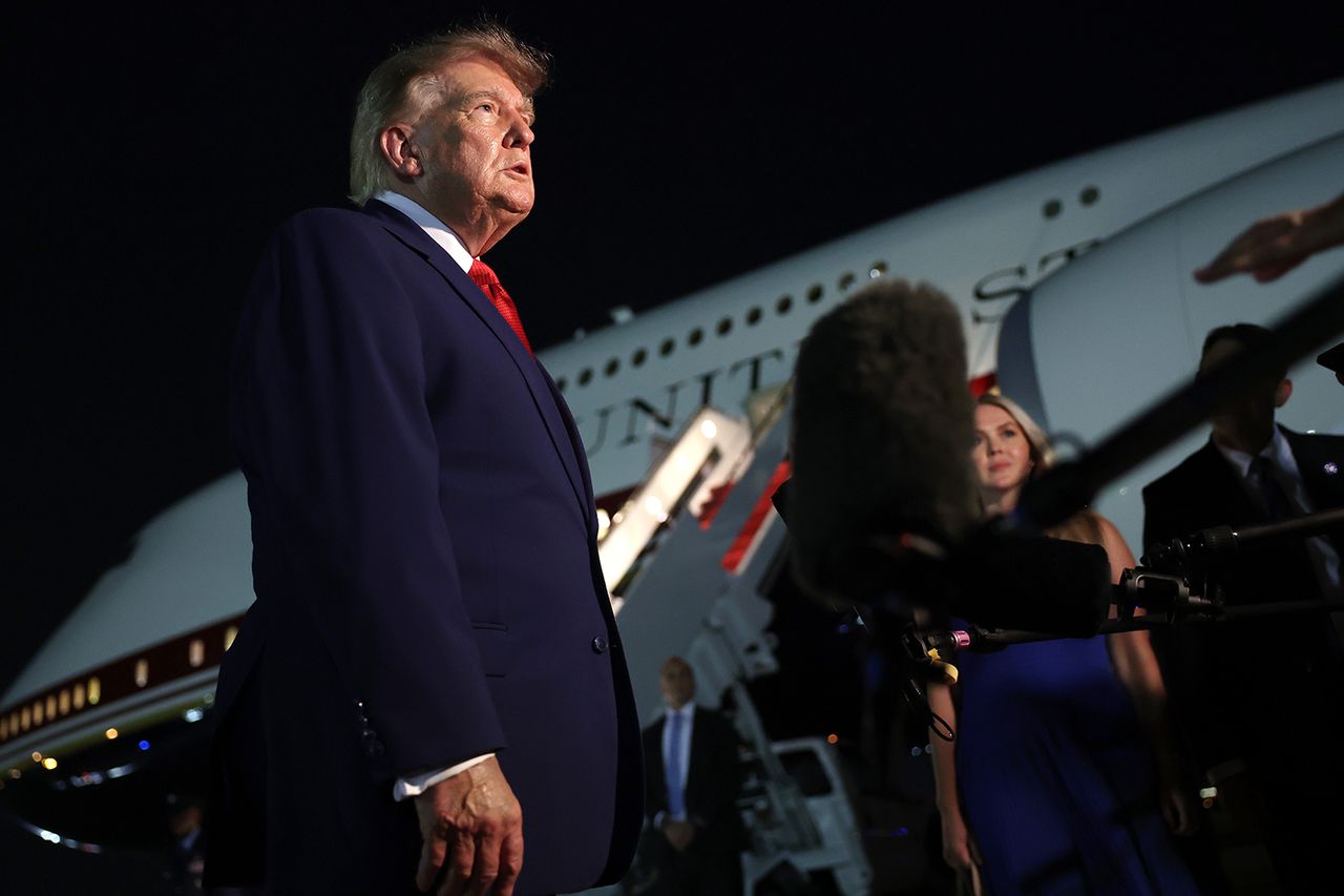 President Donald Trump speaking to reporters at Joint Base Andrew in Maryland on Aug. 11, 2026Credit: Anna Moneymaker/Getty