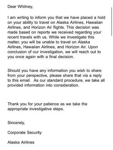 Florida evangelist Kicked Off Alaska Airlines Flight for Preaching During Delay, Allegedly Told Passengers They Had ‘no choice’ But to Listen to Her The letter Whitney Lynn claims was sent to her by Alaska Airlines.Credit: Whitney Lynn/Instagram