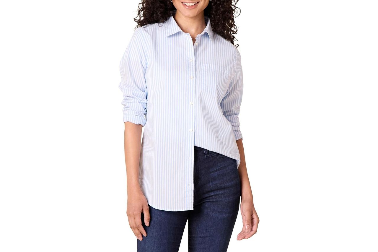amazon essentials womens regular fit long sleeve button down Credit: Amazon