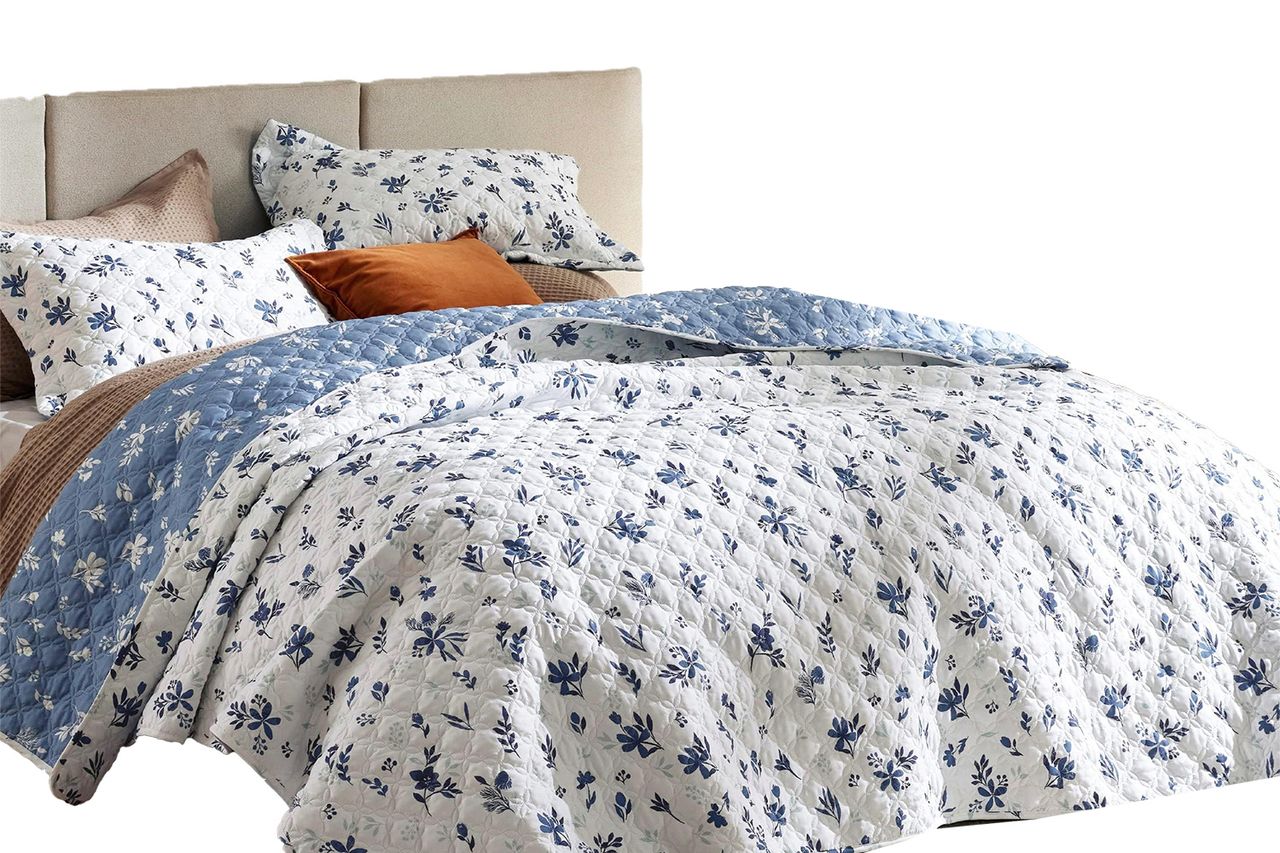 Bedsure Floral Quilt Set Queen - Reversible Blue & White Quilt Bedding Set, Daisy Design Bedspread, Credit: Amazon