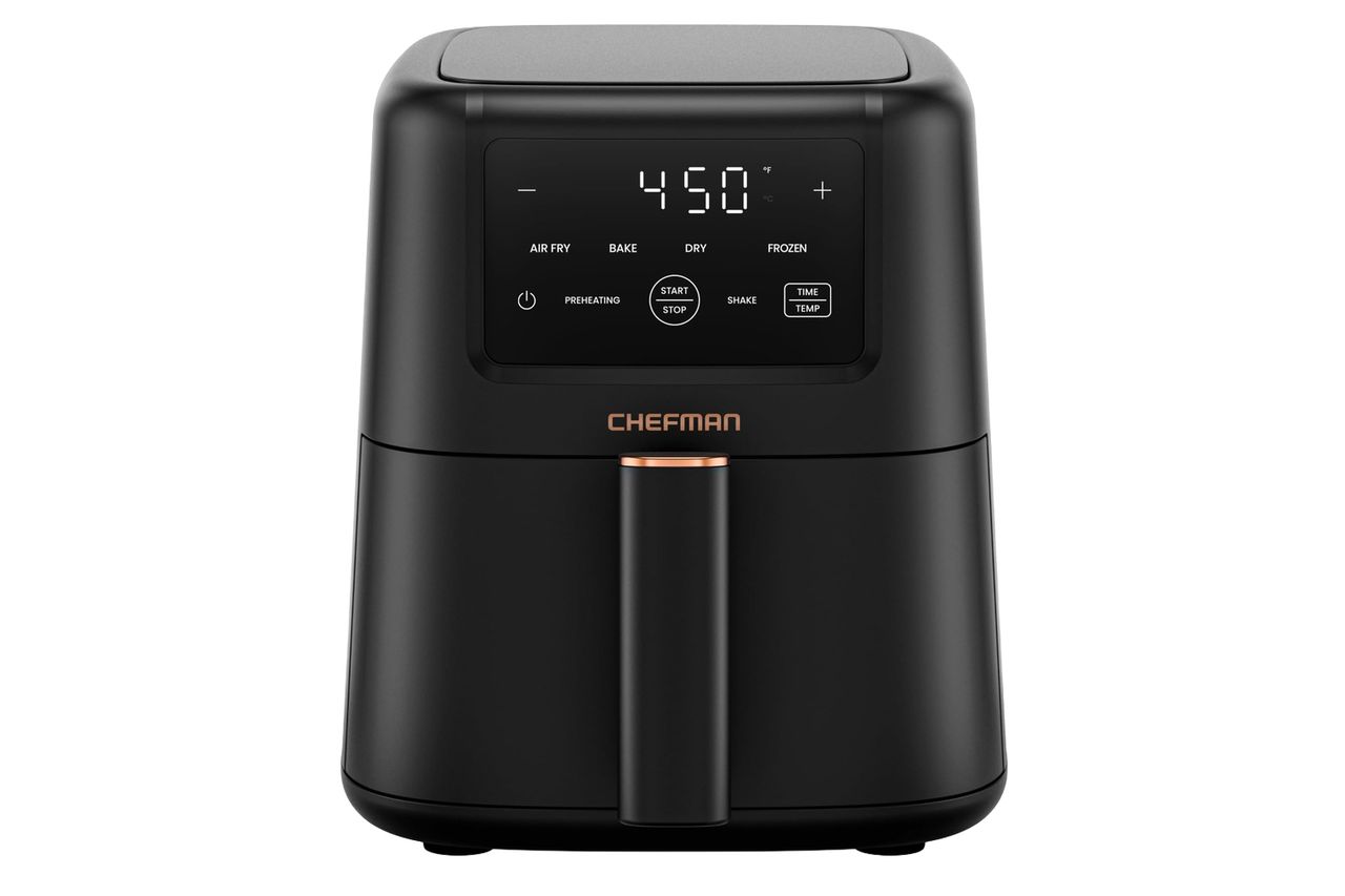 Chefman Compact Air Fryer 3.5 QT - Slim Design Fits Small Kitchens, 4-in-1 Air Fry, Bake, Dehydrate, Frozen, 450°F Max Temp, Narrow Footprint Saves Counter Space, Nonstick Ceramic, Dishwasher-Safe Credit: Amazon