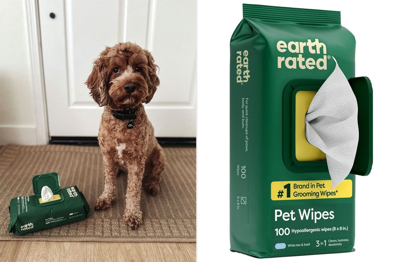 Earth Rated Pet Wipes for Dogs and Cats, Hypoallergenic, 3-in-1 Cleaning, Deodorizing and Hydrating, for Grooming Paws, Body and Butt, New White Tea and Basil Scent, 100 Count Credit: People / Amazon