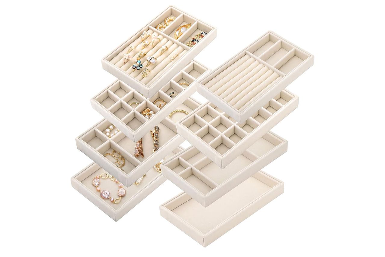 Elsjoy 8 Pack Velvet Jewelry Trays, Stackable Jewelry Organizer Trays for Drawers, Beige Jewelry Credit: Amazon