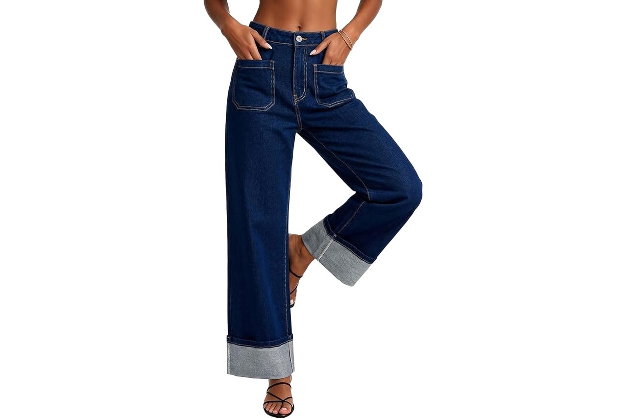 EVALESS Jeans for Women Baggy Wide Leg Cropped Jean,Dark Blue,Size 10 | High Waisted Cuffed Hem Stretchy Teacher Denim Pants Trendy 2026,Front Patch Pockets,Straight Leg,Ankle Length,Tummy Control at Amazon Women's Jeans Credit: Amazon