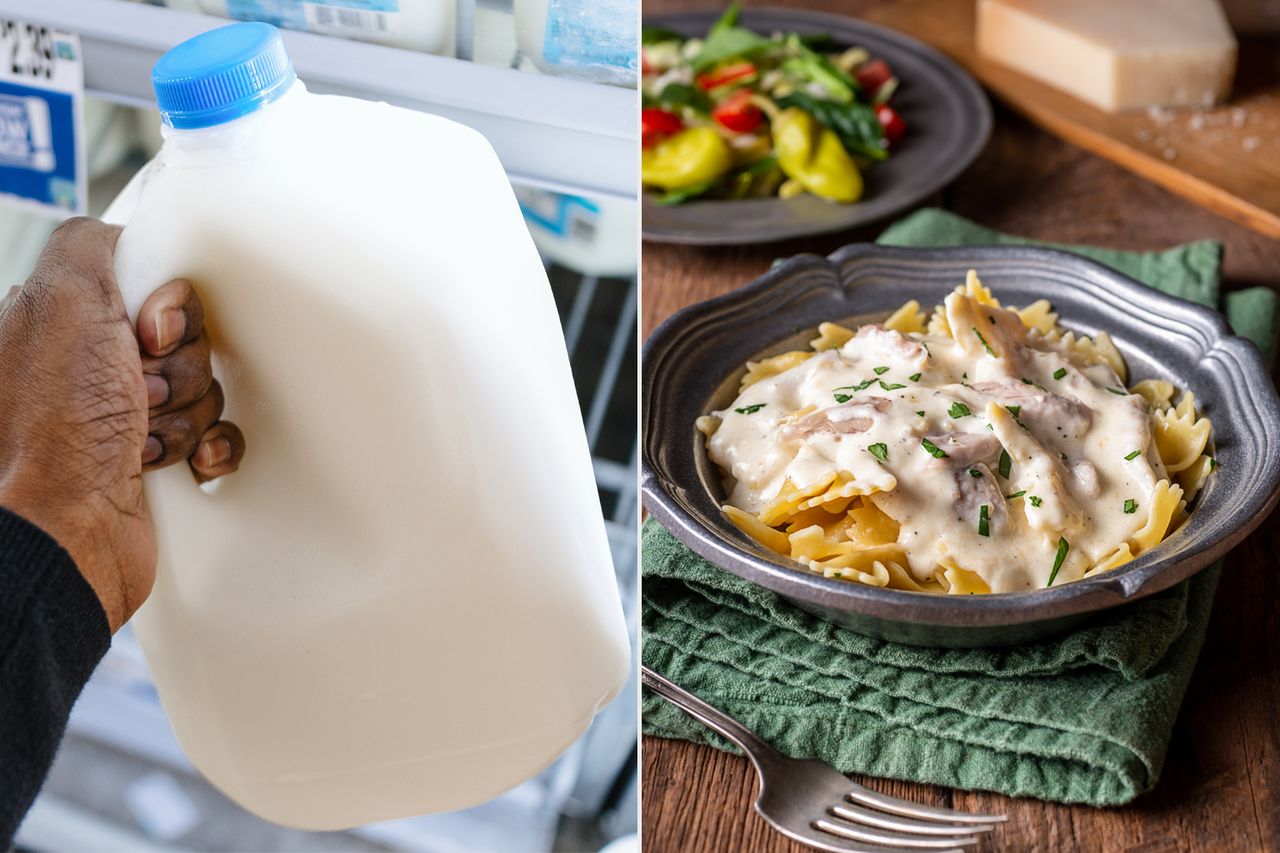 Milk and pasta with Alfredo sauce (stock image)Credit: Getty