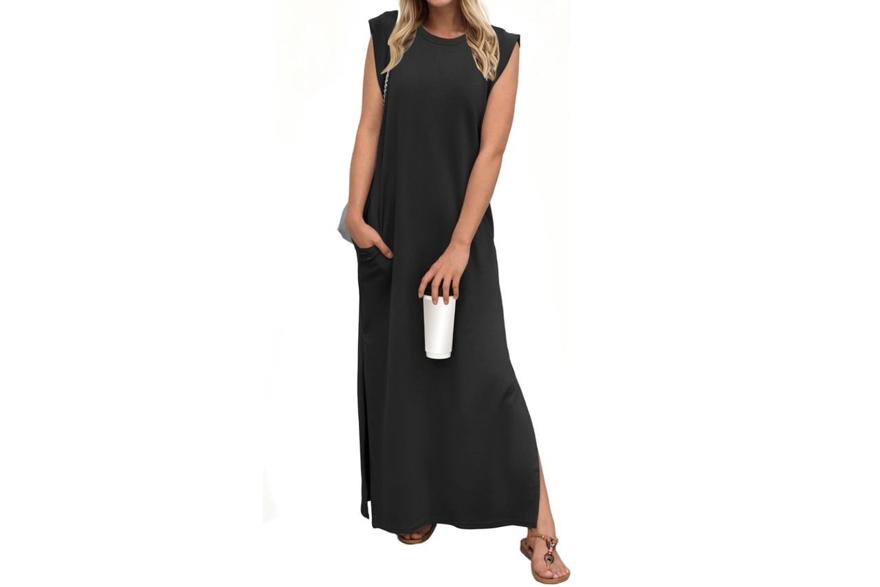 GRECERELLE 2026 Women Year-Round Casual Round Neck Loose Split Wrinkle-Free Long Maxi Vacation Dress with Pockets (XXS-4XL) Credit: Amazon