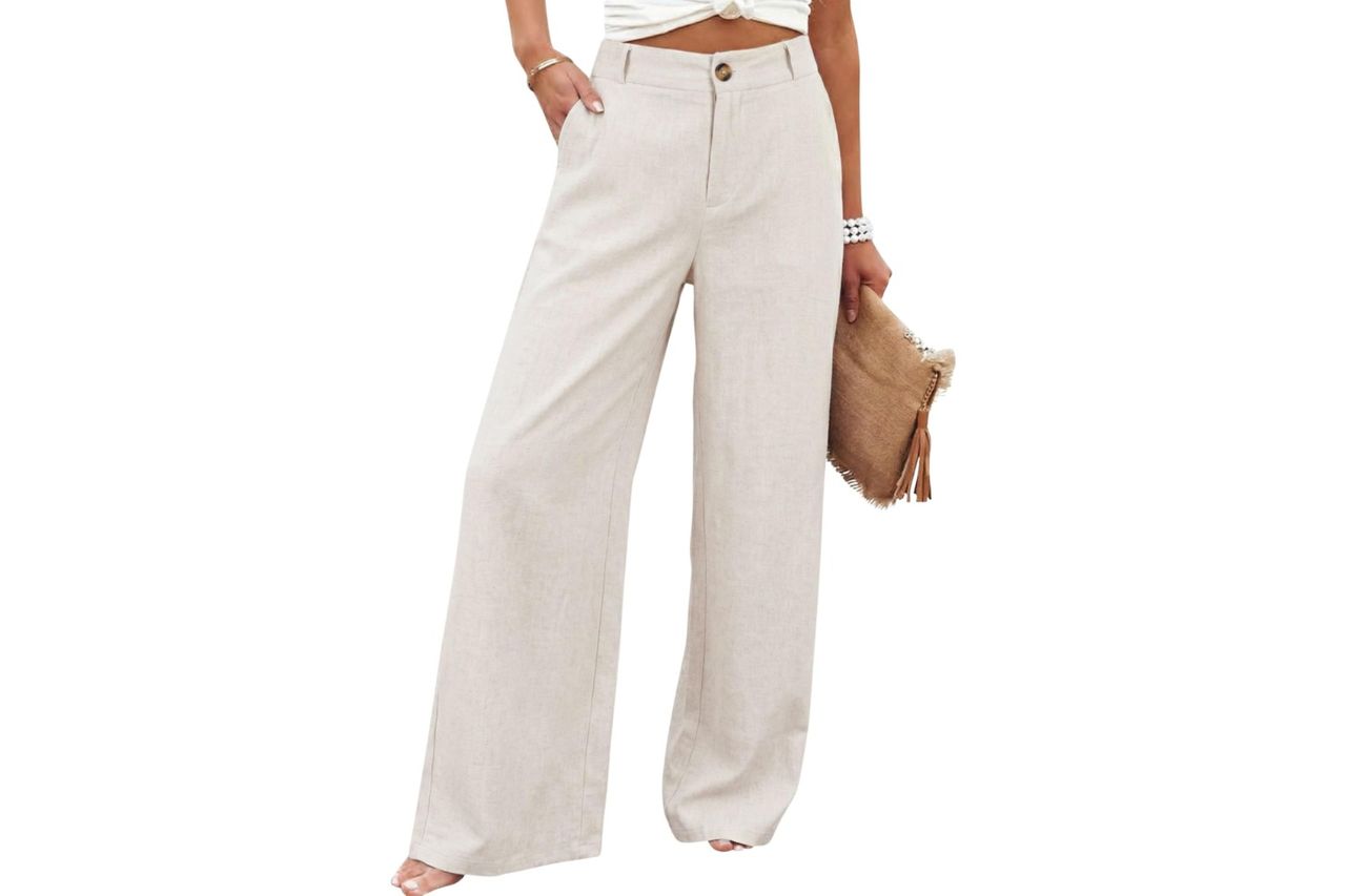 Hooever Womens Cotton Linen Pants Casual Button Up High Waisted Wide Leg Trousers Credit: Amazon