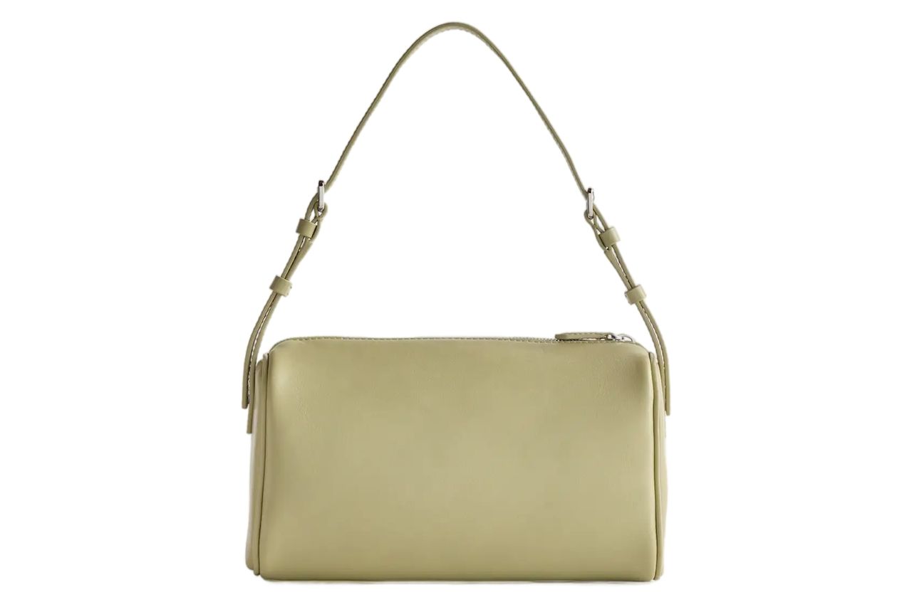 Italian Leather Mini Barrel Shoulder Bag in Tea Green Credit: Quince