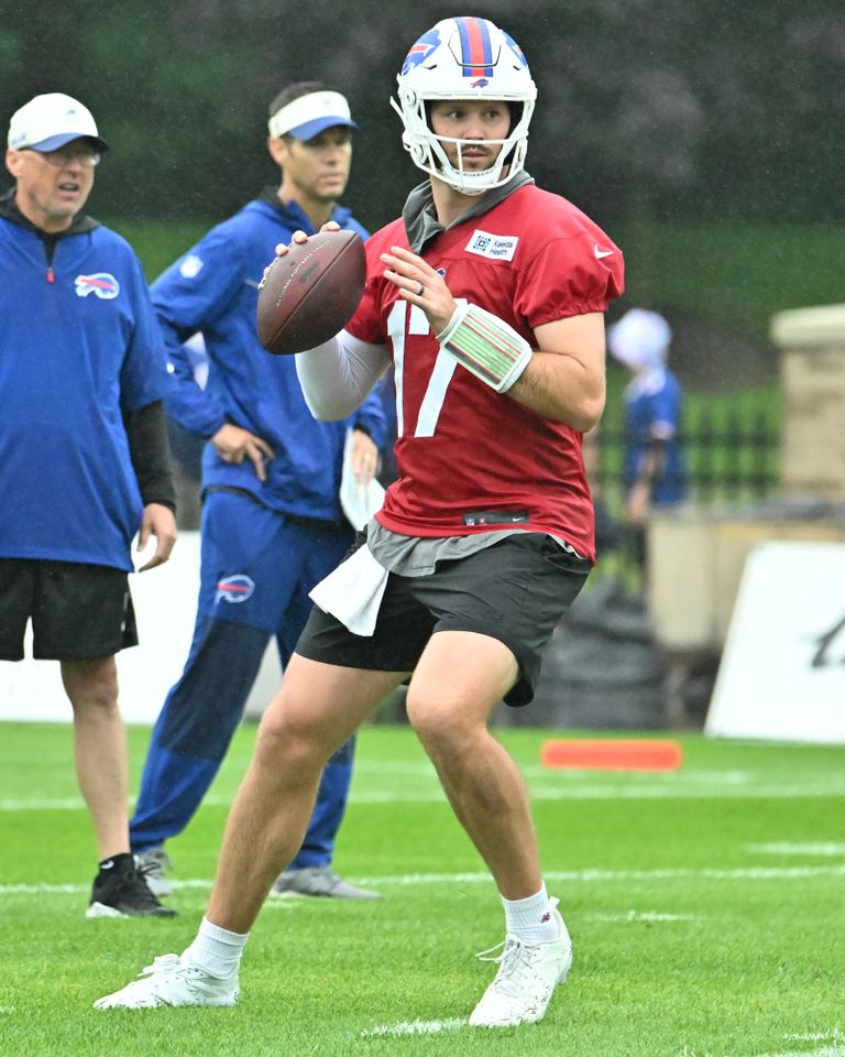 Buffalo Bills quarterback Josh Allen (17) throws a pass during training camp at St. John Fisher University. Josh Allen throws a pass during Buffalo Bills training camp on July 29, 2026.Credit: Mark Konezny-Imagn Images