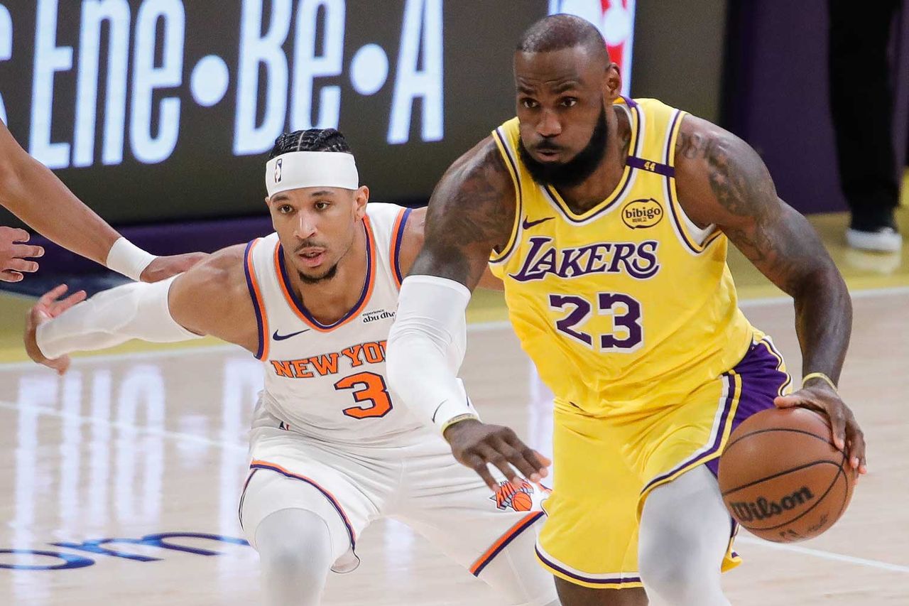Los Angeles Lakers forward LeBron James (23) gets past New York Knicks guard Josh Hart (3) during the NBA game between the New York Knicks and the Los Angeles Lakers on March 06, 2025, at Crypto.com Arena in Los Angeles, CA. Josh Hart and LeBron James in March 2025.Credit: Jevone Moore/Icon Sportswire via Getty