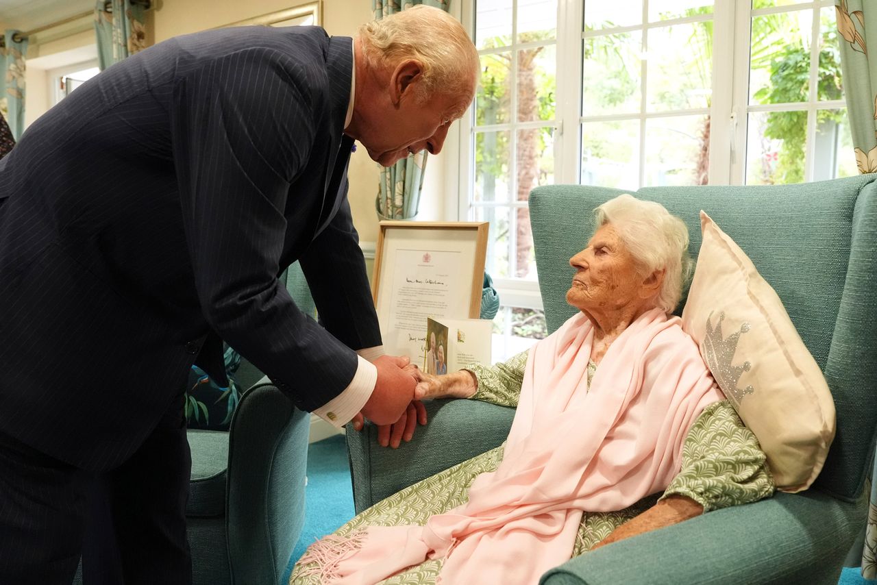 King Charles III meets the world's oldest person, 116-year-old Ethel Caterham, at Hallmark Lakeview Care Home in Lightwater, Surrey. Picture date: Thursday September 18, 2025. King Charles III and Ethel CaterhamCredit: Press Association via AP Images