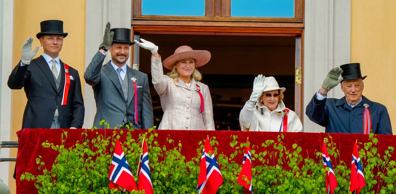 Prince Sverre Magnus, Crown Prince Haakon, Crown Princess Mette-Marit, Queen Sonja and King Harald of Norway greet the children’s procession during the Norwegian Constitution Day celebration in Oslo on May 17, 2026Credit: Terje Pedersen / NTB / AFP via Getty