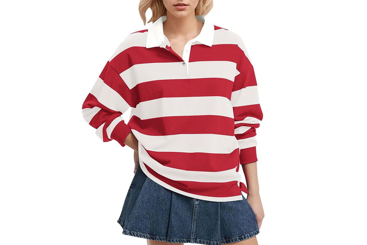 lendaer women long sleeve striped polo shirt Credit: Amazon