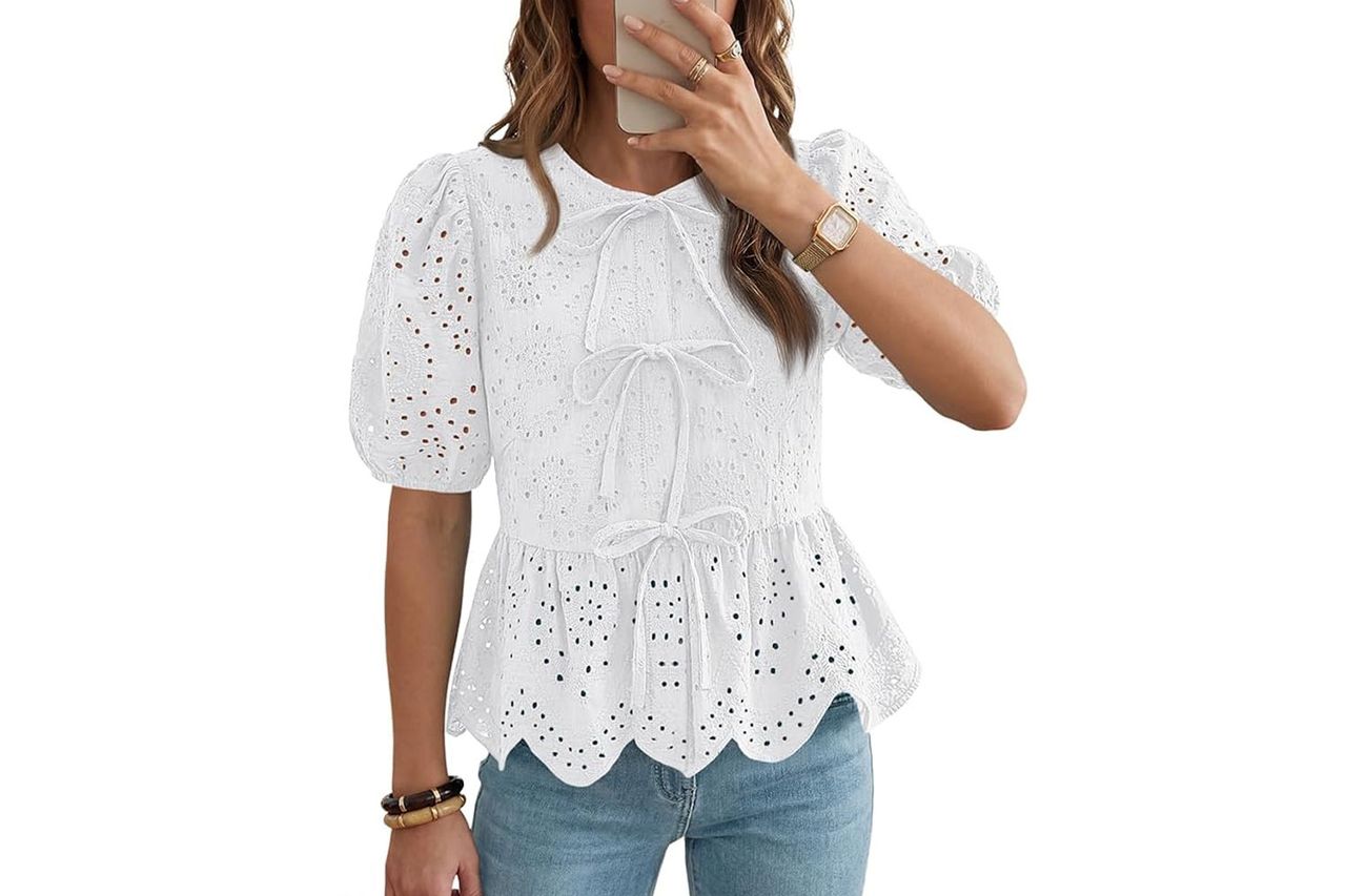 LILLUSORY Womens Spring Embroidered Short Puff Sleeve Peplum Top Credit: Amazon