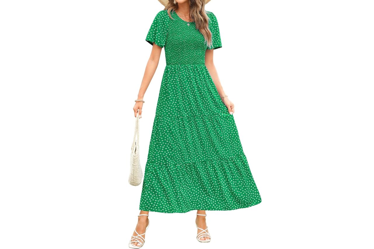 Maggeer Womens 2026 Summer Spring Smocked Wedding Guest Maxi Dress Casual Short Sleeve Floral Boho Flowy Long Dress Credit: Amazon