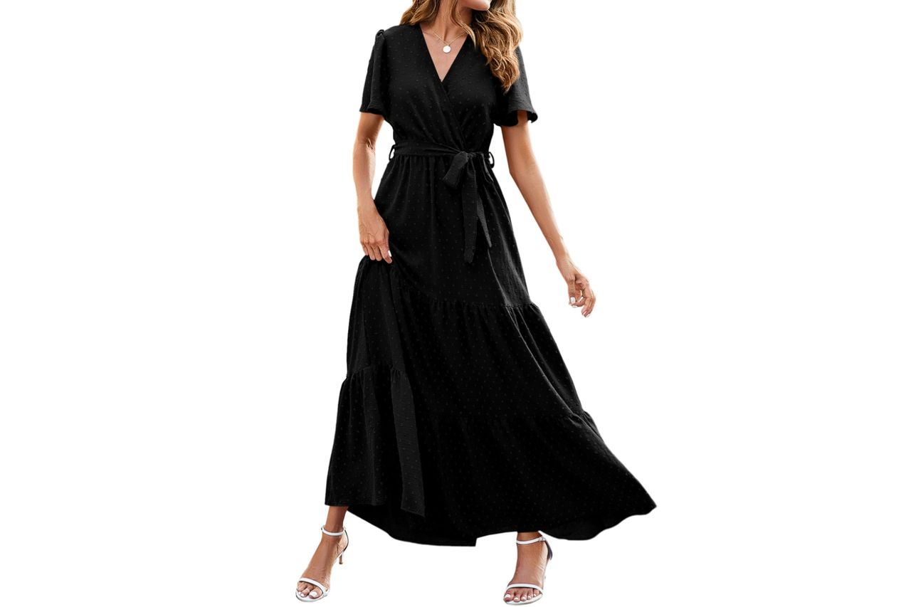 MASCOMODA Womens Summer Swiss Dot Maxi Dresses Wrap Boho Floral Long Dress Credit: Amazon