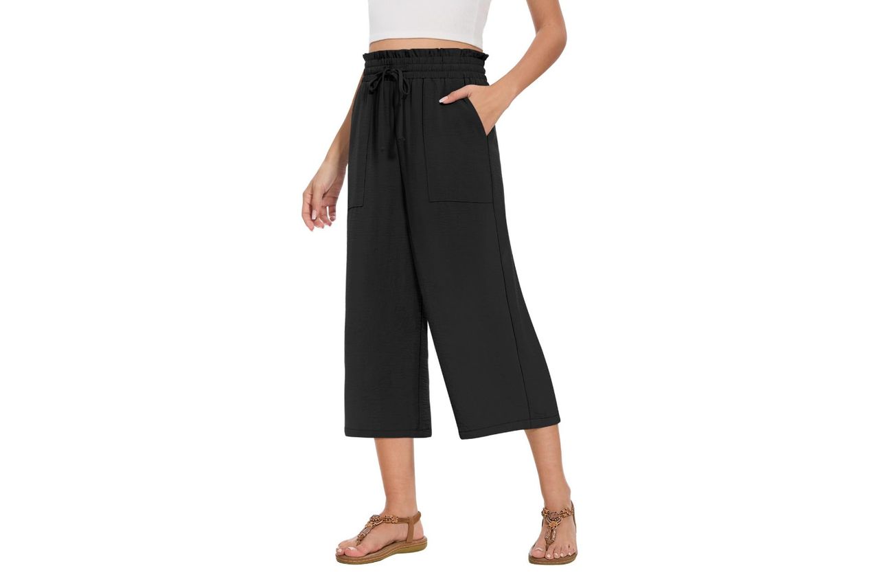 MLXSJ Womens Capri Pants Summer Wide Leg High Waisted Pants Drawstring Casual Trousers with Pockets Credit: Amazon