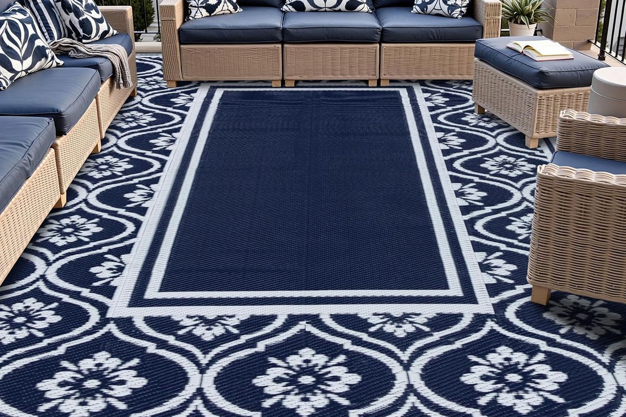 Amazon HUGEAR Navy Blue Lantern Waterproof Outdoor Rug Credit: Amazon