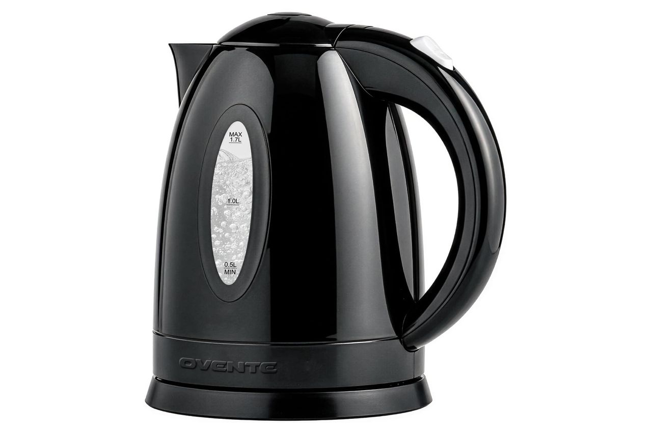 OVENTE 1.7L Electric Kettle with 1100W Fast Boiling Water, Black KP72B | Best For Coffee or Tea, BPA-Free, Water Level Gauge, Auto Shut-Off, Indicator Light, Boil-Dry Protection & Removable Filter Credit: Amazon