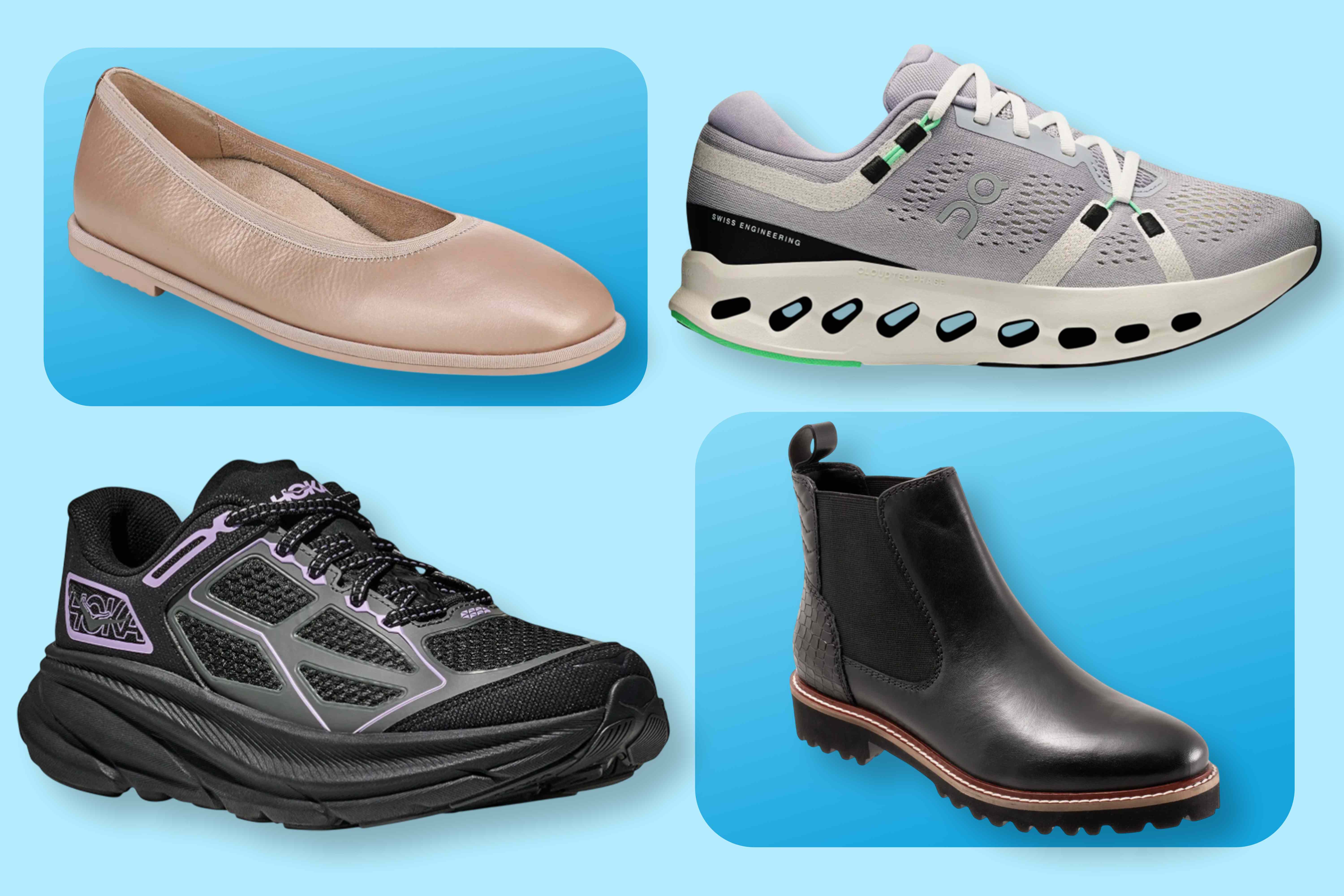 Four different styles of shoes displayed including a flat a sneaker a running shoe and an ankle boot Credit: Nordstrom(4)