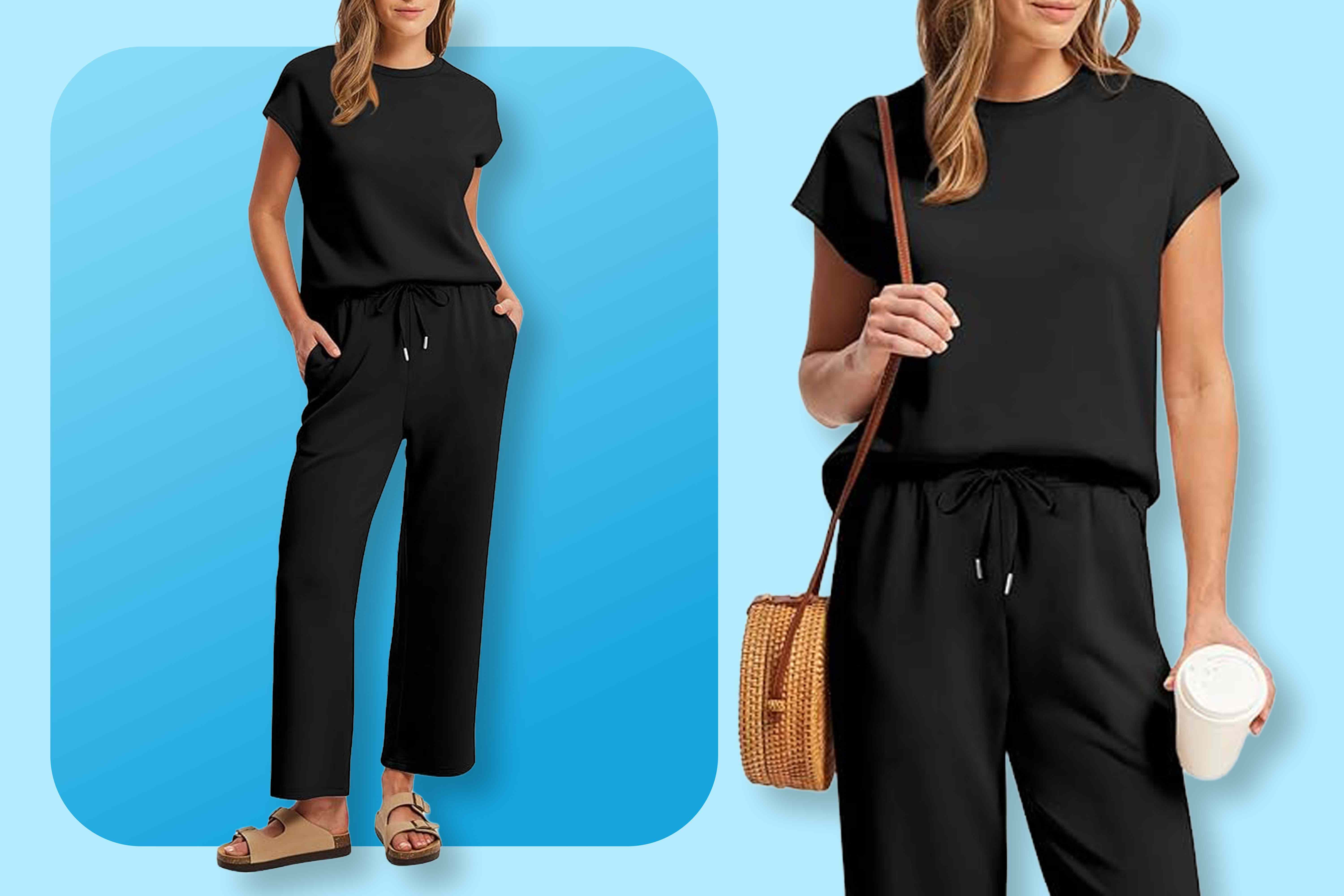 Two sidebyside images display a model wearing a casual black outfit with a focus on style and fit Credit: Amazon (2)